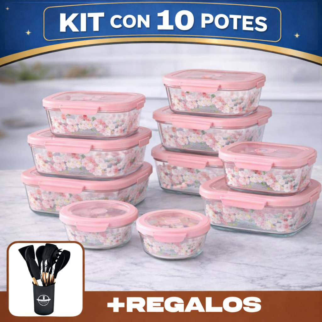 Kit de 10 Frascos Herméticos de Vidrio Templado Premium con Tapa Sellada y Traba de Seguridad + ¡Kit de Utensilios GRATIS!