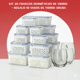 ¡Sólo Por Hoy | Kit 20 Frascos Herméticos de Vidrio + 10 Vasos de Vidrio Aruba de Regalo